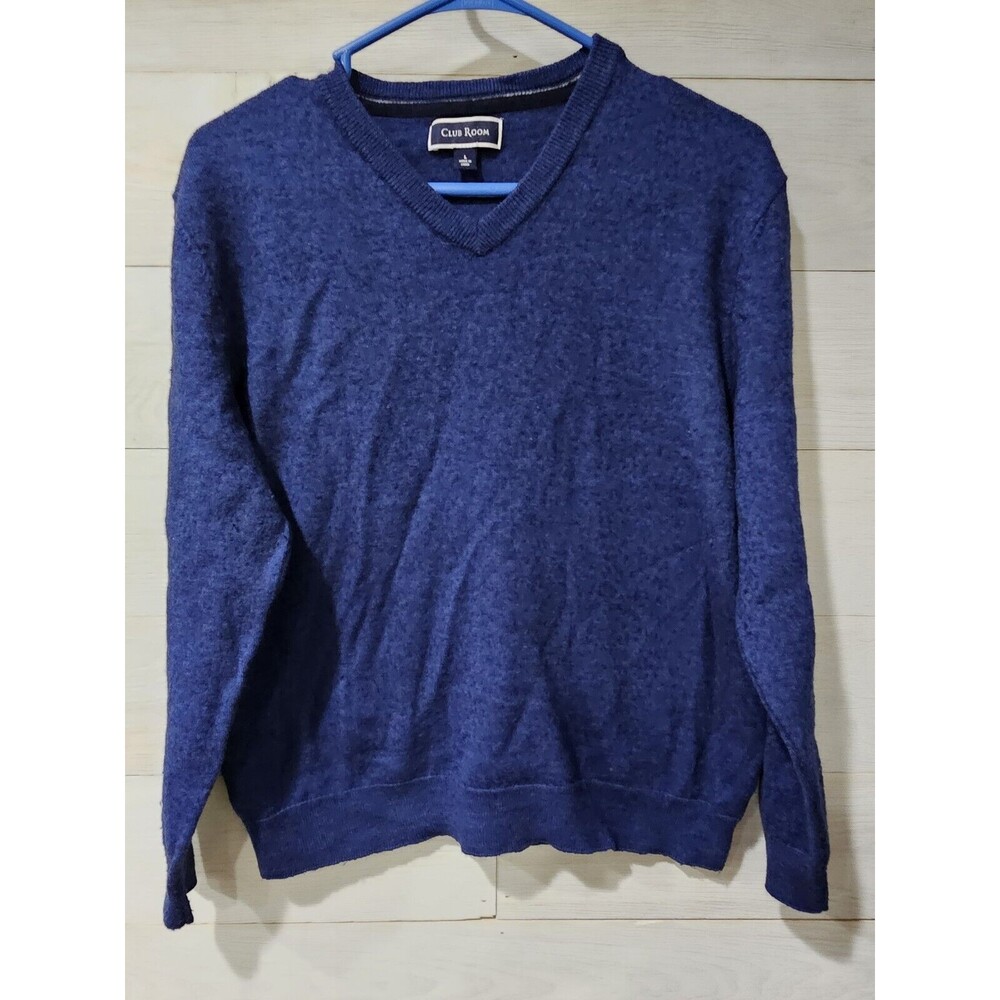 Club Room Mens Sweater Size L Blue Wool Blend Long Sleeve V Neck Pullover Top